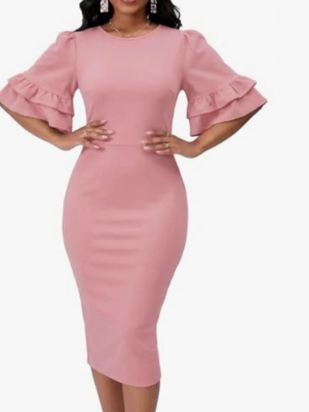 Classic Pink Ruffle-Sleeve Sheath Dress 🥰